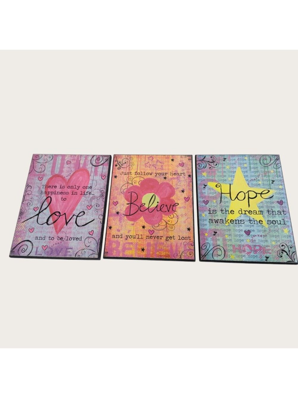 Set Of 3 Inspirational Plaques Love Believe Hope Wall Art Decor